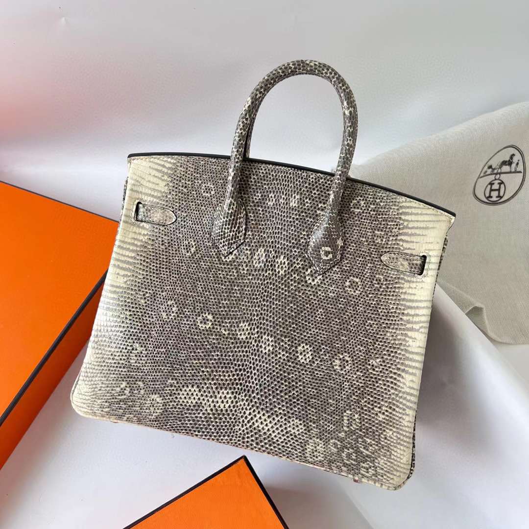 Hermès（爱马仕）Birkin 铂金包 Lizard 进口蜥蜴皮 自然色 银扣 25cm 全手工蜡线缝 Phw