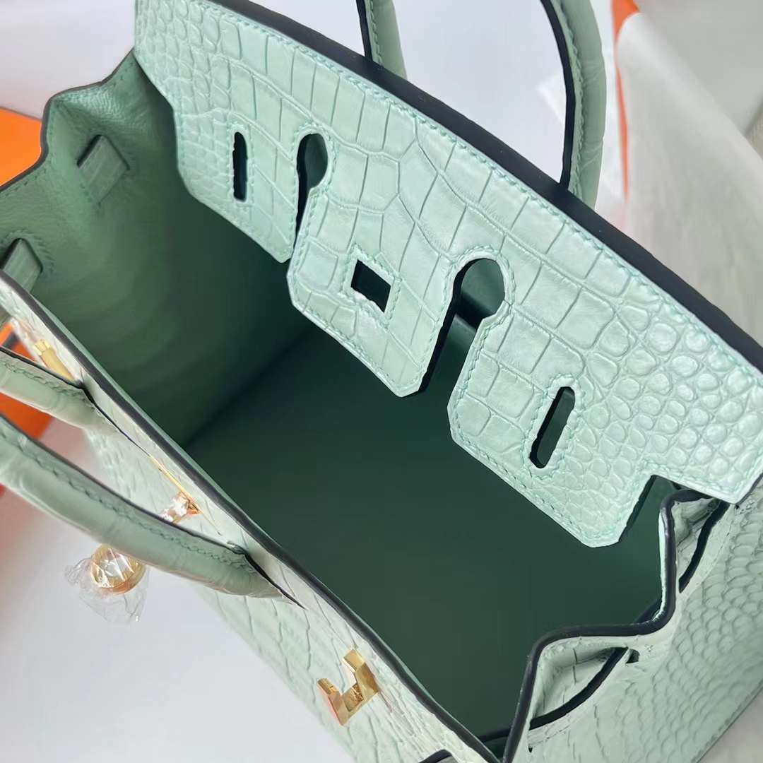 Hermès（爱马仕）Birkin 铂金包 Sellier 外缝 雾面美洲鳄鱼皮 6U 新薄荷绿 金扣 20cm 全手工蜡线缝 Ghw