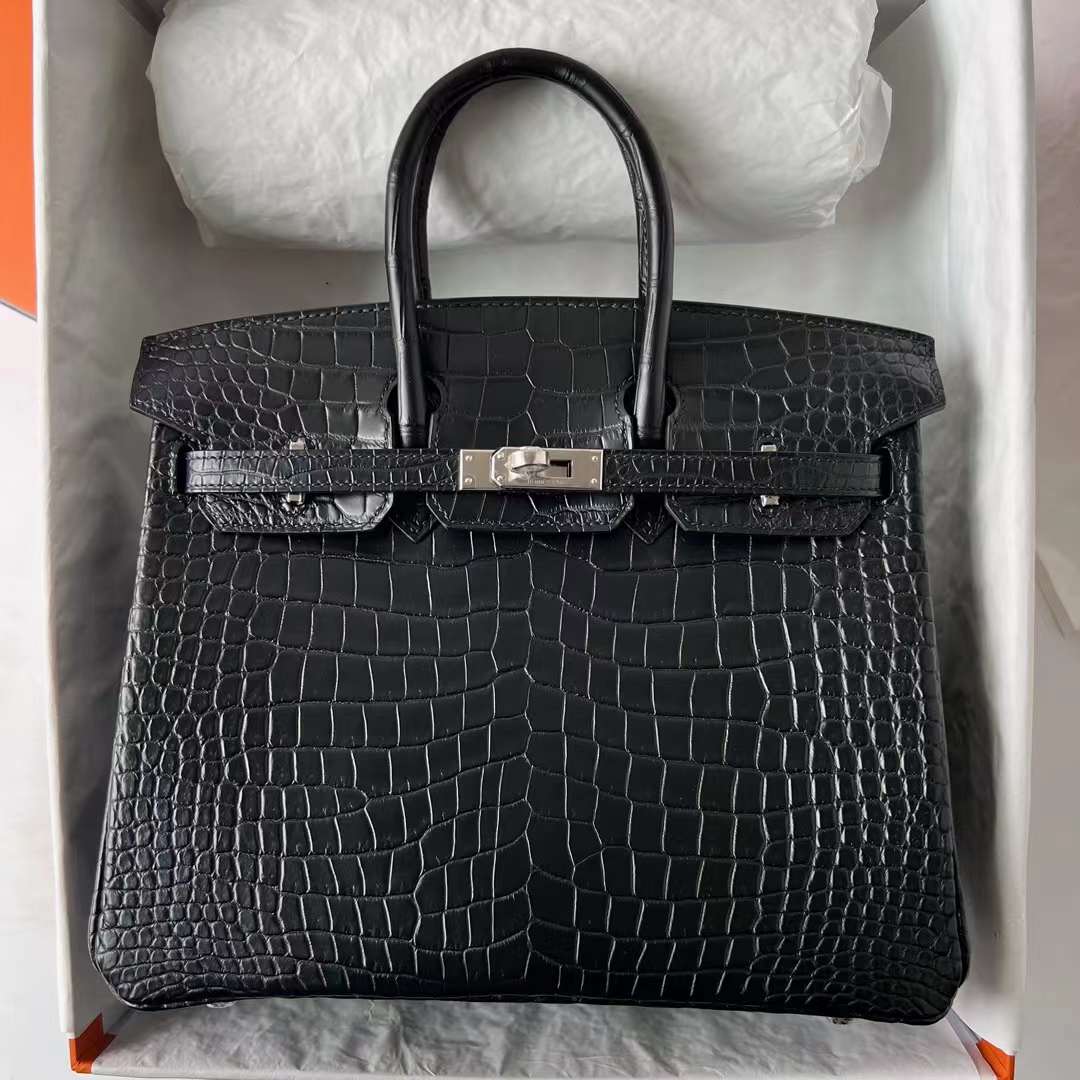 Hermès（爱马仕）Birkin 铂金包 雾面倒v澳洲湾鳄 Matte Porosus Crocodile Ck89 黑色 银扣 25cm 全手工蜡线缝 Phw