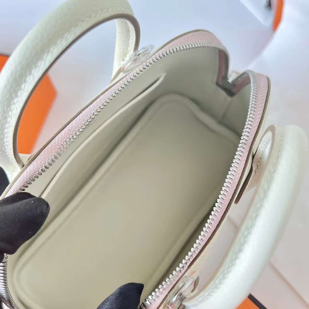 Hermès（爱马仕）Mini Bolide 保龄球包 Evercolor 三拼色 0T 蘑菇白 拼 09 梦幻粉紫 拼 Ck37 金棕色 银扣 20cm 全手工蜡线缝 Phw