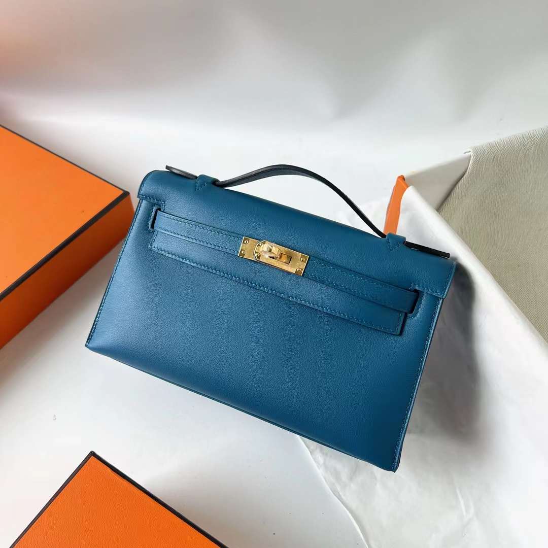 Hermès（爱马仕）Mini Kelly Pochette Swift 7W 伊兹密尔蓝 金扣 22cm 全手工蜡线缝 Ghw
