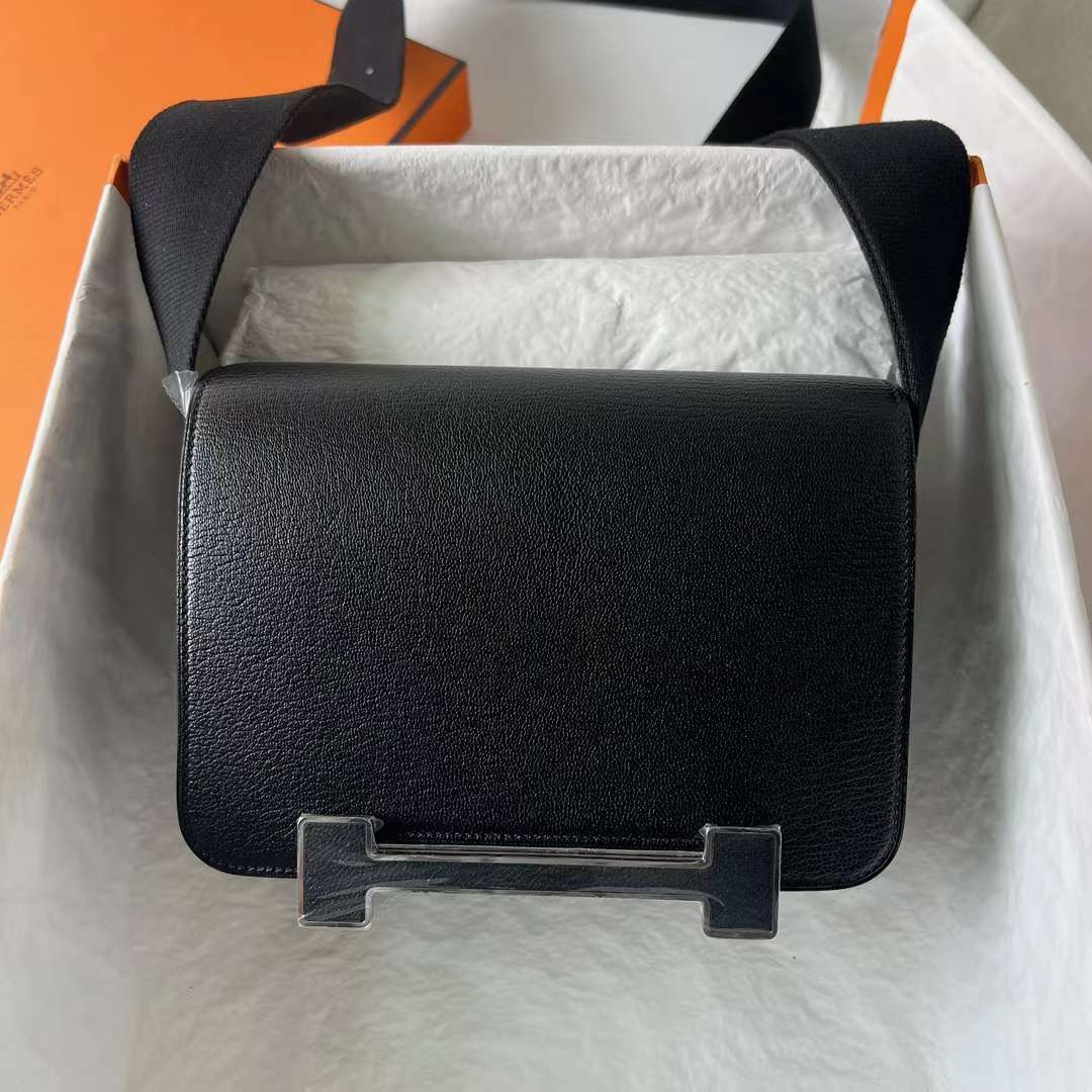 Hermès（爱马仕）Geta 木屐包 Chevre 进口山羊皮 Ck89 黑色 银扣 20cm 全手工蜡线缝 Phw