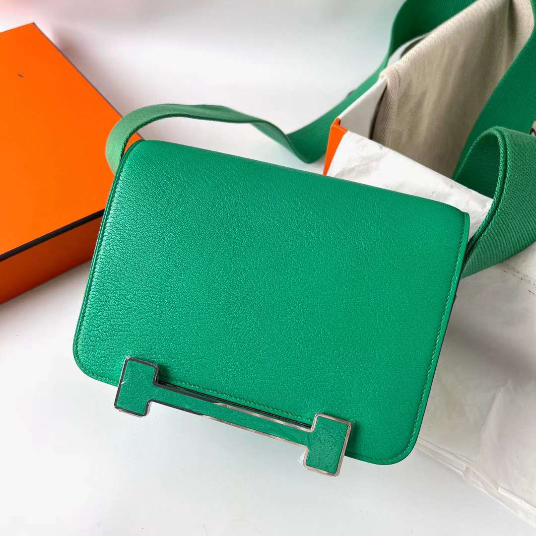 Hermès（爱马仕）Geta 木屐包 Chevre 进口山羊皮 6W 薄荷绿 银扣 20cm 全手工蜡线缝 Phw