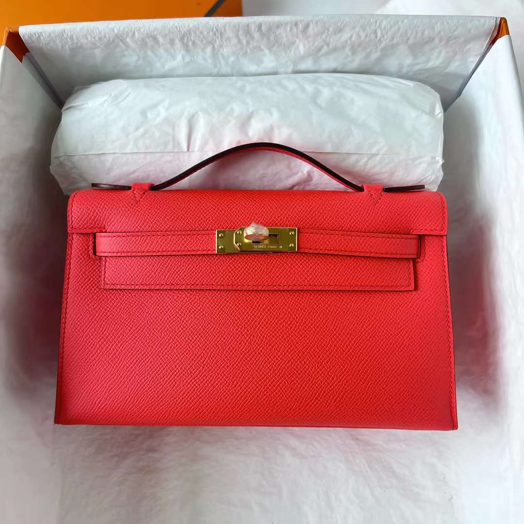 Hermès（爱马仕）Mini Kelly Pochette Epsom T5 蜜桃粉 金扣 22cm 全手工蜡线缝 Ghw