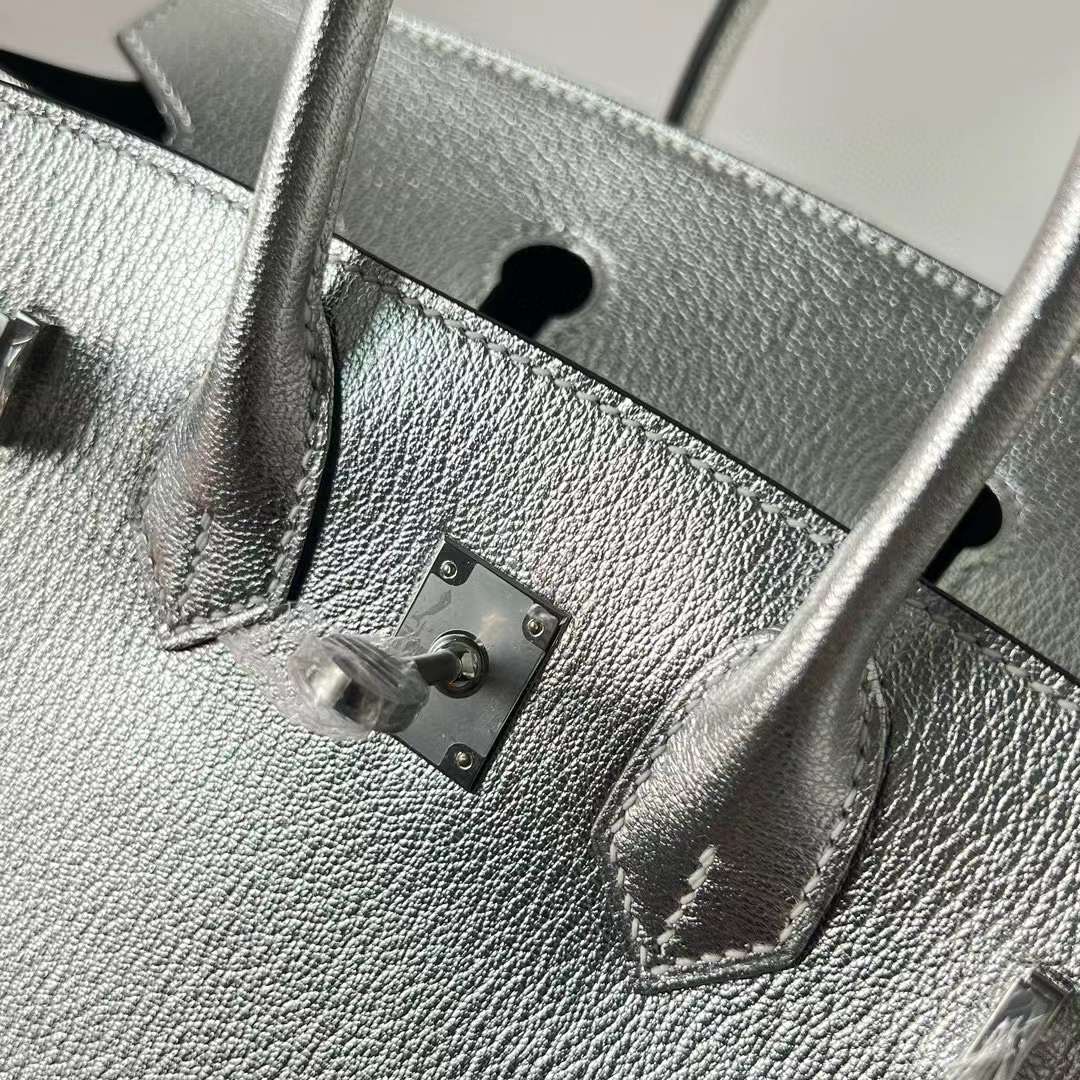 Hermès（爱马仕）Birkin 铂金包 Chevre 进口山羊皮 01 银色 内拼 ck89 黑色 银扣 25cm 全手工蜡线缝 Phw
