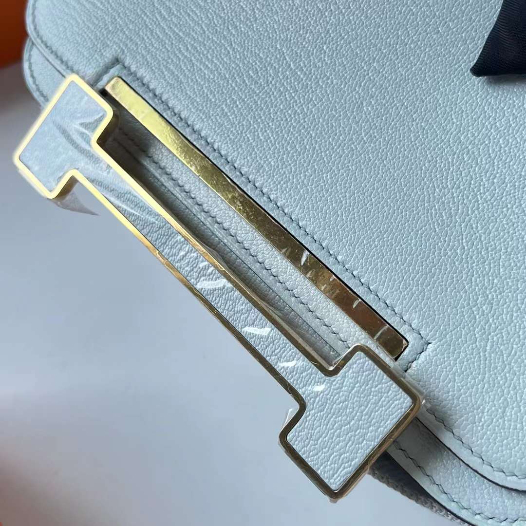 Hermès（爱马仕）Geta 木屐包 Chevre 进口山羊皮 0T 雾蓝色 金扣 20cm 全手工蜡线缝 Ghw