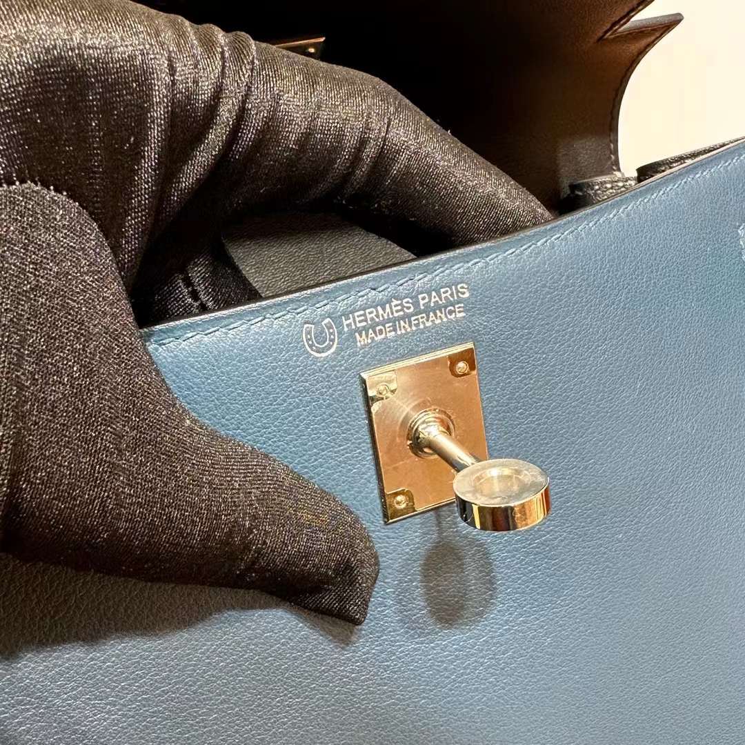 Hermès（爱马仕）Kelly danse 跳舞包 Evercolor S4 深邃蓝 & V6 丛林绿 & 8F 锡器灰 银扣 22cm 全手工蜡线缝 Phw