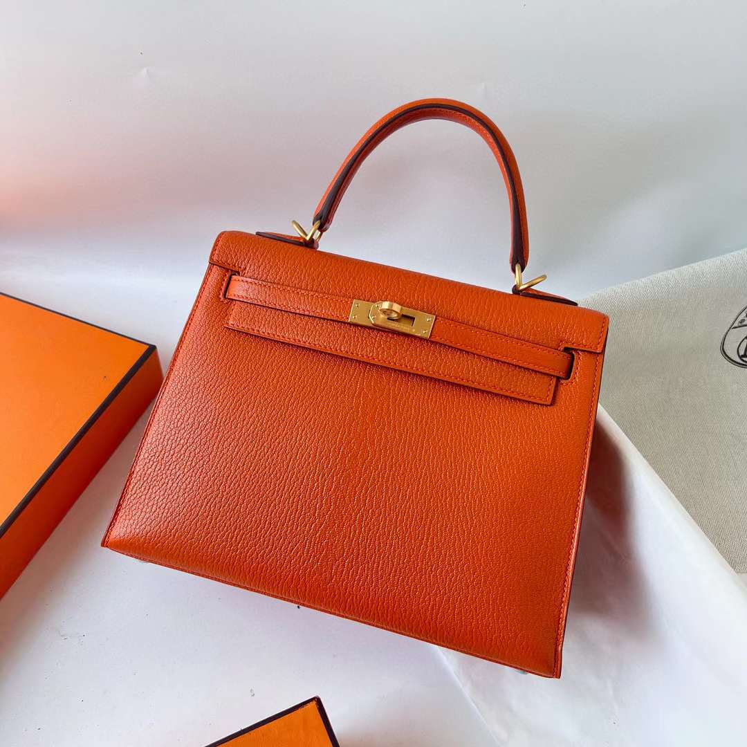 Hermès（爱马仕）Kelly 凯莉包 Chevre 进口山羊皮 Ck93 橙色 金扣 25cm 全手工蜡线缝 Ghw