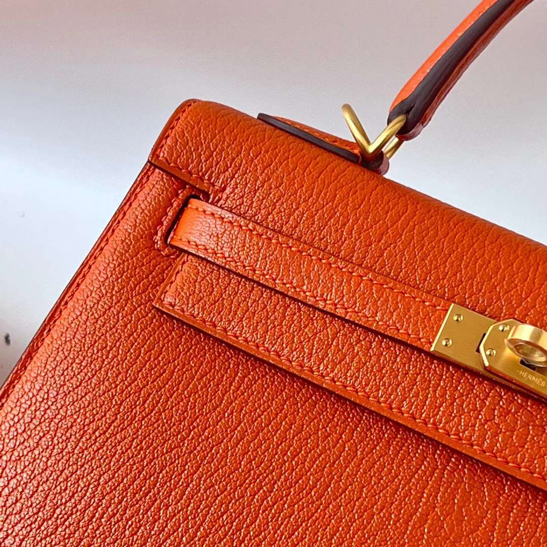 Hermès（爱马仕）Kelly 凯莉包 Chevre 进口山羊皮 Ck93 橙色 金扣 25cm 全手工蜡线缝 Ghw