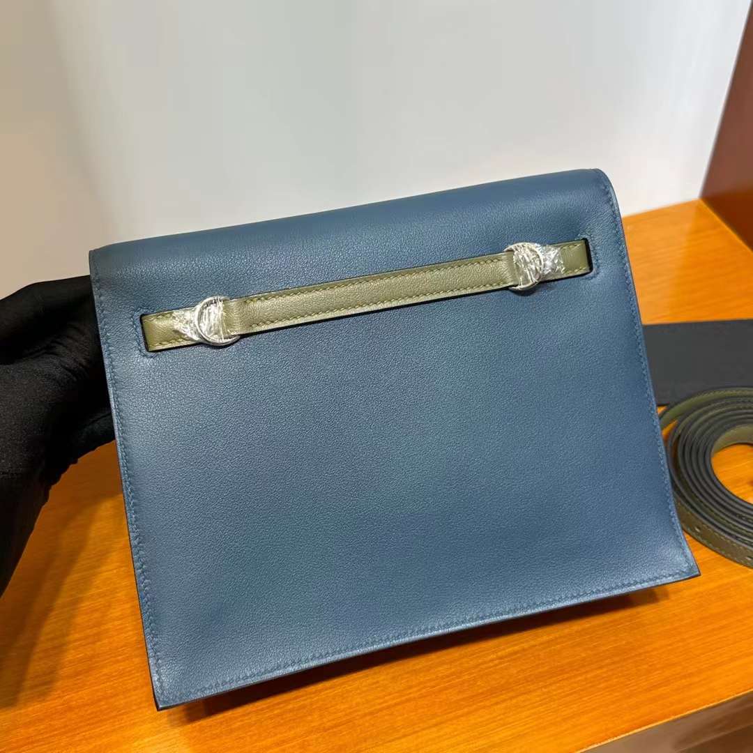 Hermès（爱马仕）Kelly danse 跳舞包 Evercolor S4 深邃蓝 & V6 丛林绿 & 8F 锡器灰 银扣 22cm 全手工蜡线缝 Phw