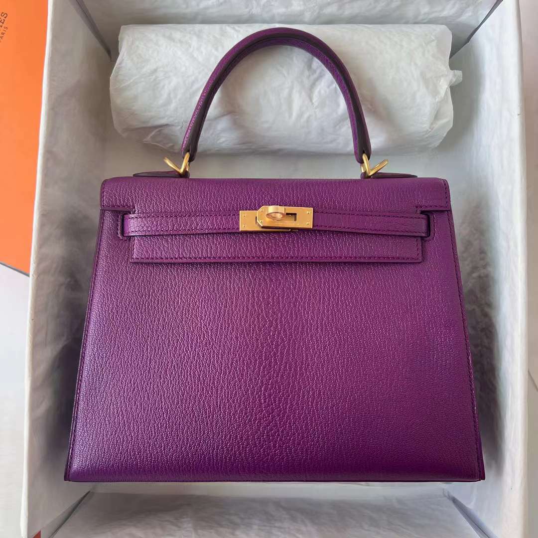 Hermès（爱马仕）Kelly 凯莉包 Chevre 进口山羊皮 P9 海葵紫 金扣 25cm 全手工蜡线缝 Ghw