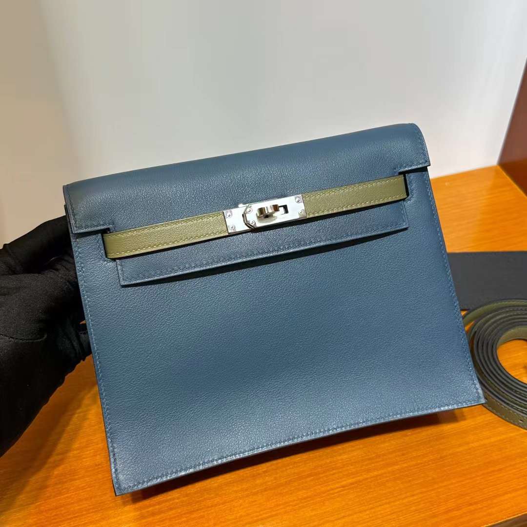 Hermès（爱马仕）Kelly danse 跳舞包 Evercolor S4 深邃蓝 & V6 丛林绿 & 8F 锡器灰 银扣 22cm 全手工蜡线缝 Phw