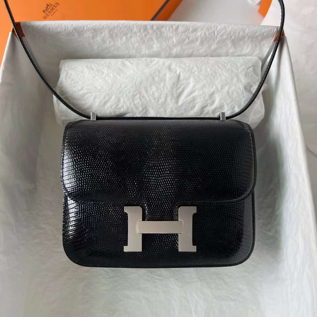 Hermès（爱马仕）Constance 空姐包 Lizard 进口蜥蜴皮 Ck89 黑色 银扣 18cm 全手工蜡线缝 Phw