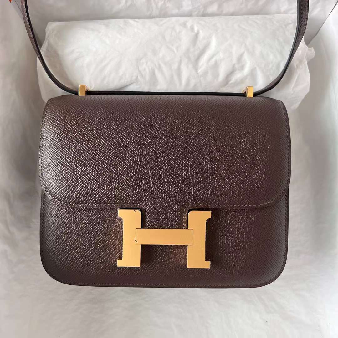Hermès（爱马仕）Constance 空姐包 Epsom Ck47 巧克力色 金扣 19cm 全手工蜡线缝 ghw