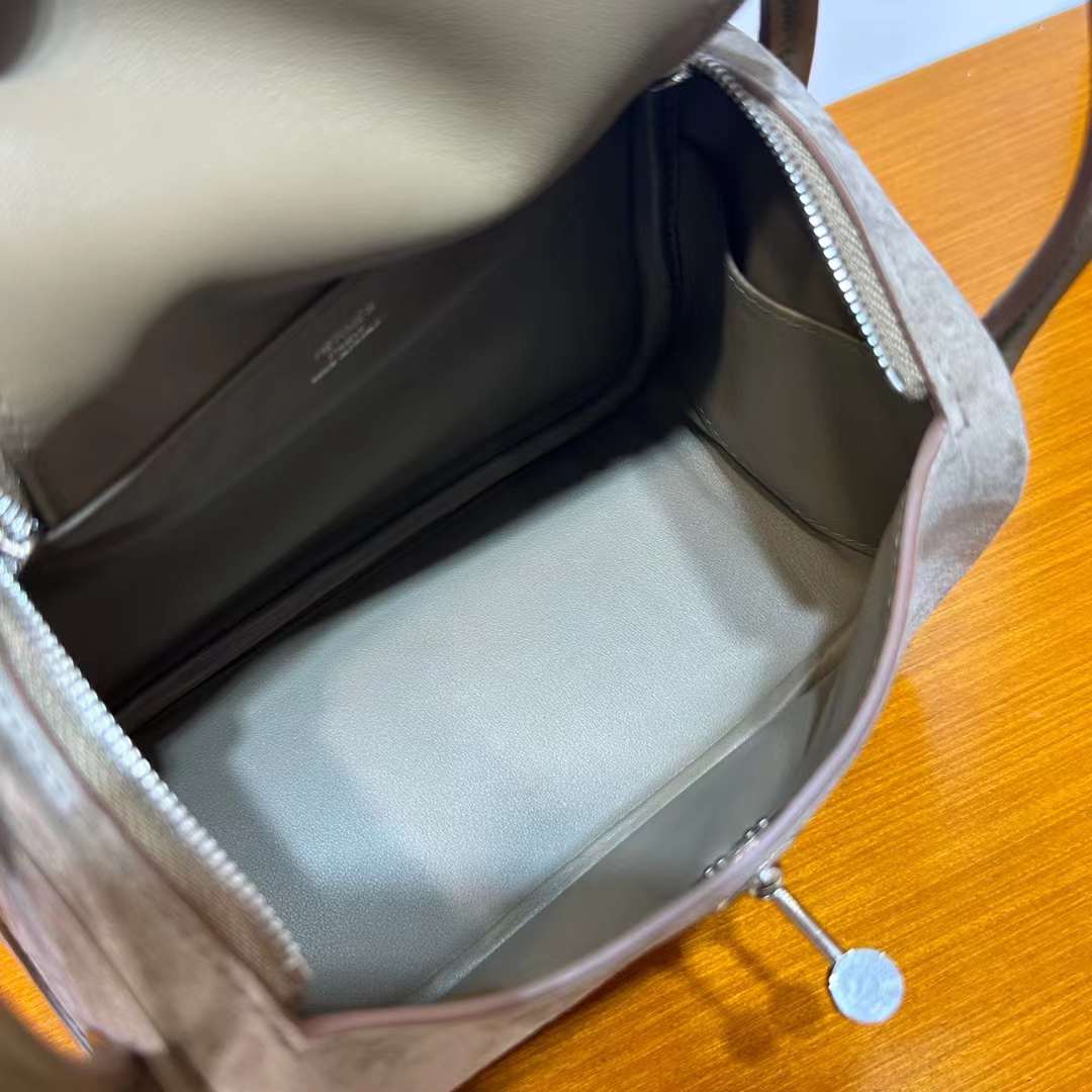 Hermès（爱马仕）Mini Lindy 迷你琳迪包 Suede & Swift 砾石灰 & 大象灰 银扣 19cm 全手工蜡线缝 Phw