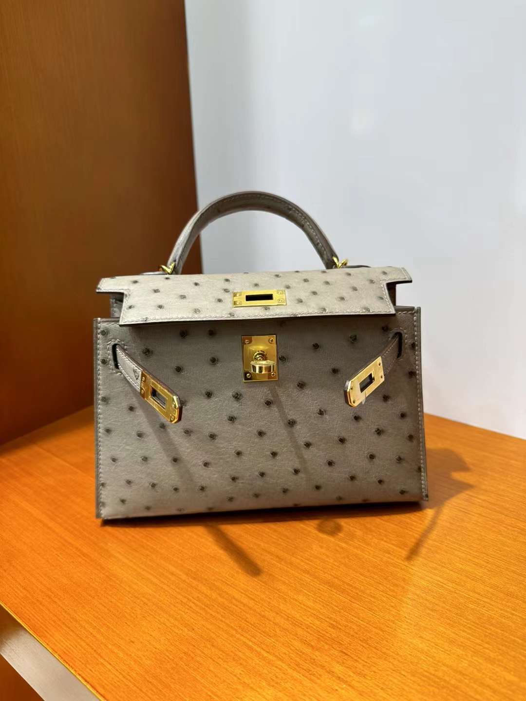 Hermès（爱马仕）Mini Kelly 迷你凯莉 Ostrich 进口kk鸵鸟皮 Ck81 斑鸠灰 金扣 19cm 全手工蜡线缝 Ghw