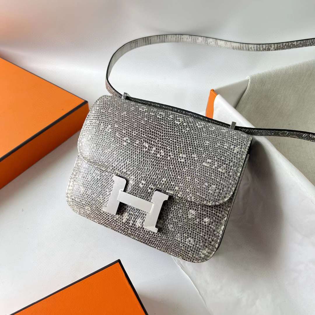 Hermès（爱马仕）Constance 空姐包 Lizard 进口蜥蜴皮 01 自然色 银扣 18cm 全手工蜡线缝 Phw