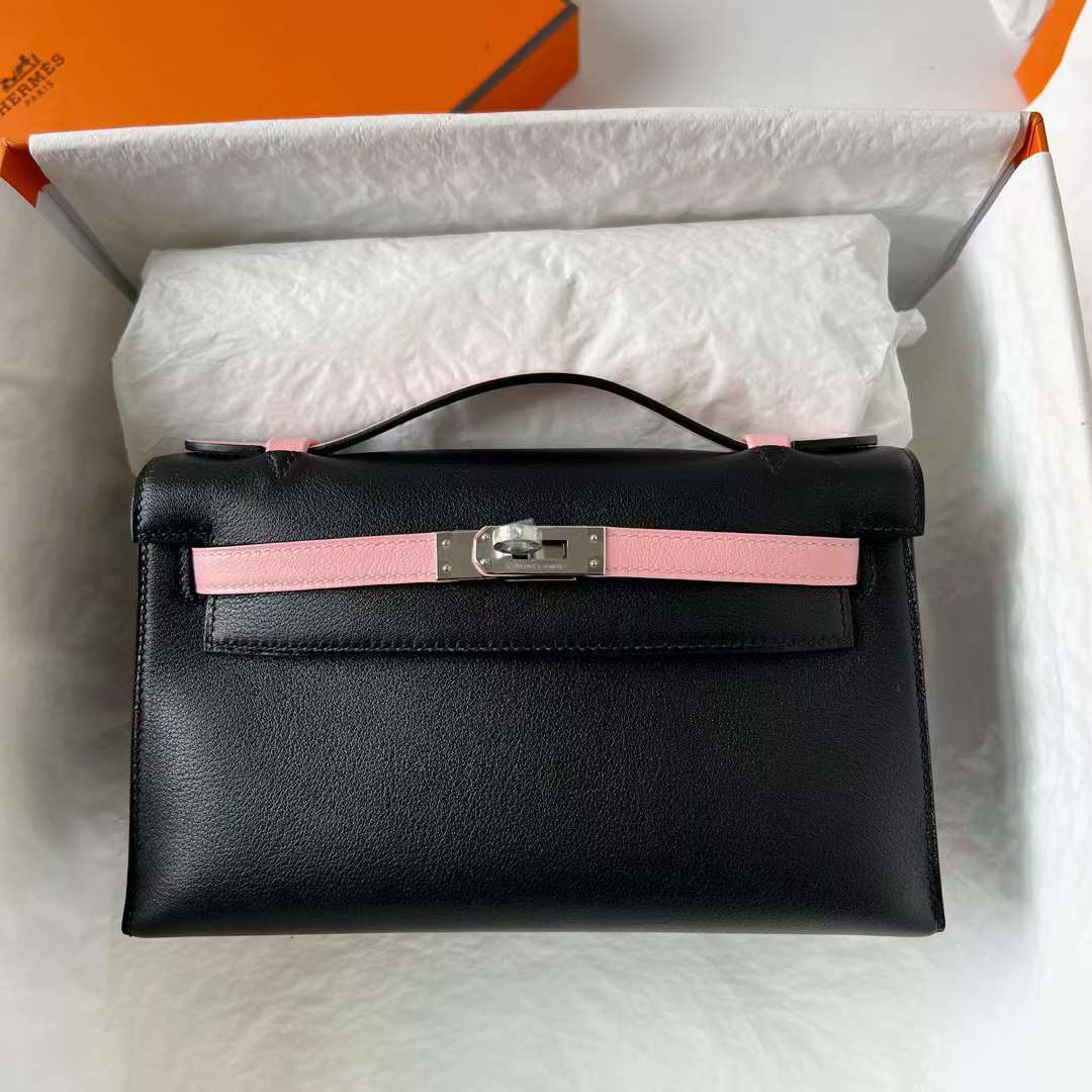 Hermès（爱马仕）Mini Kelly Pochette Swift Ck89 黑色 拼 3Q 新粉色 银扣 22cm 全手工蜡线缝 Phw