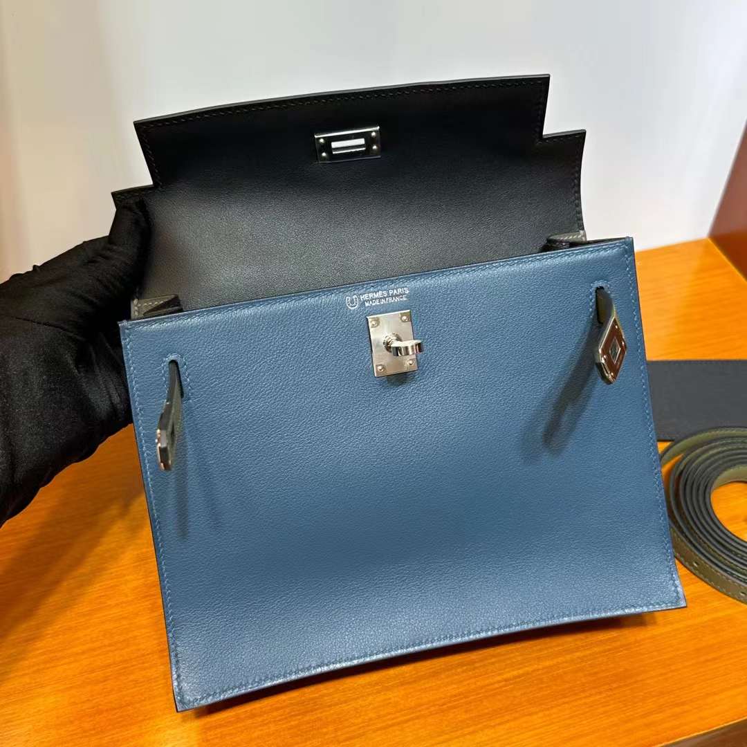 Hermès（爱马仕）Kelly danse 跳舞包 Evercolor S4 深邃蓝 & V6 丛林绿 & 8F 锡器灰 银扣 22cm 全手工蜡线缝 Phw