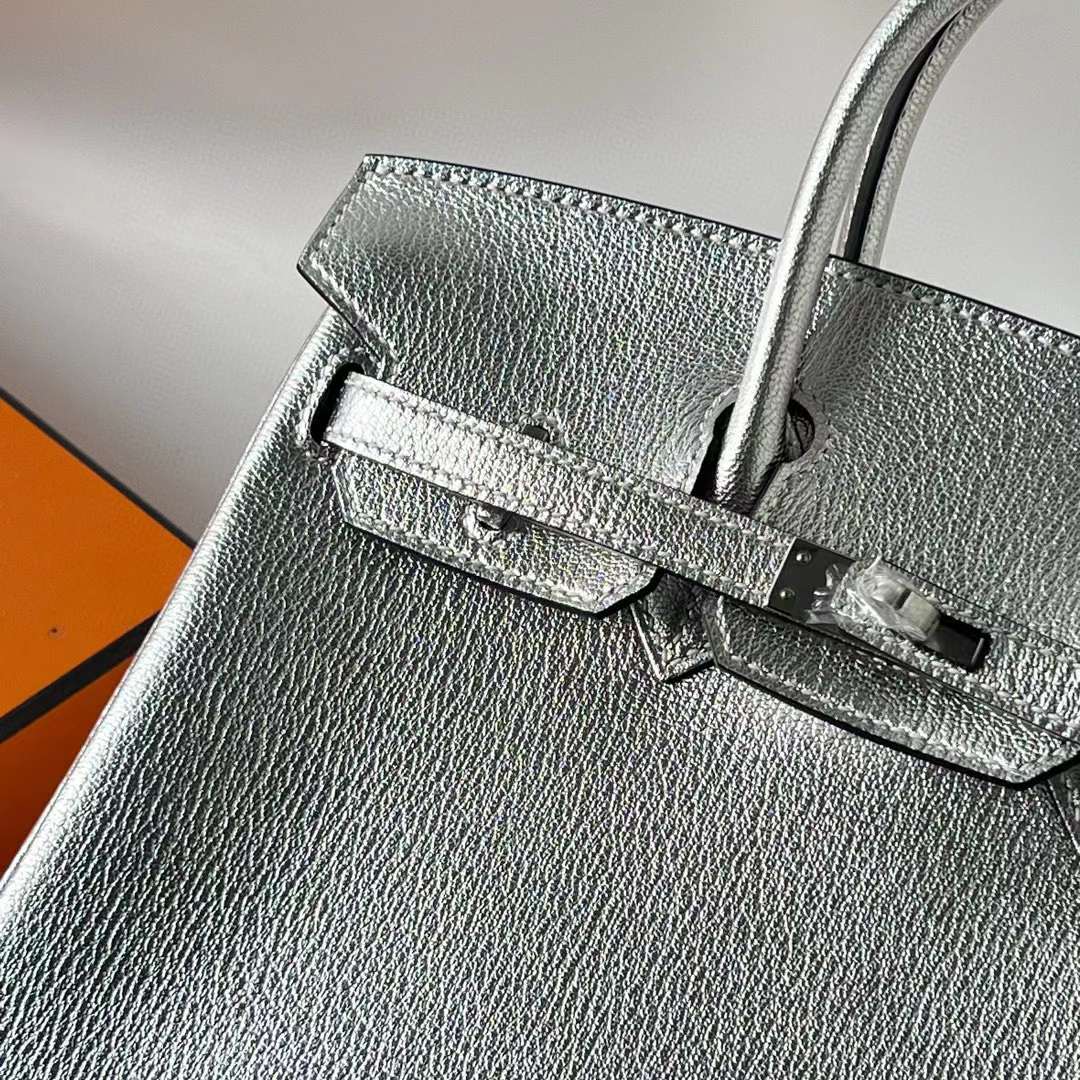 Hermès（爱马仕）Birkin 铂金包 Chevre 进口山羊皮 01 银色 内拼 ck89 黑色 银扣 25cm 全手工蜡线缝 Phw