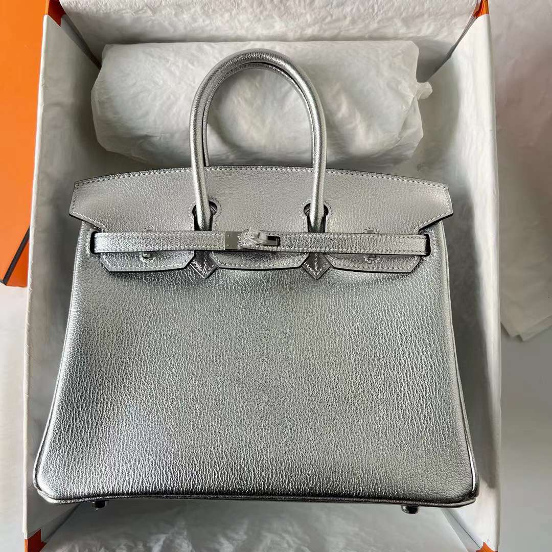Hermès（爱马仕）Birkin 铂金包 Chevre 进口山羊皮 01 银色 内拼 ck89 黑色 银扣 25cm 全手工蜡线缝 Phw