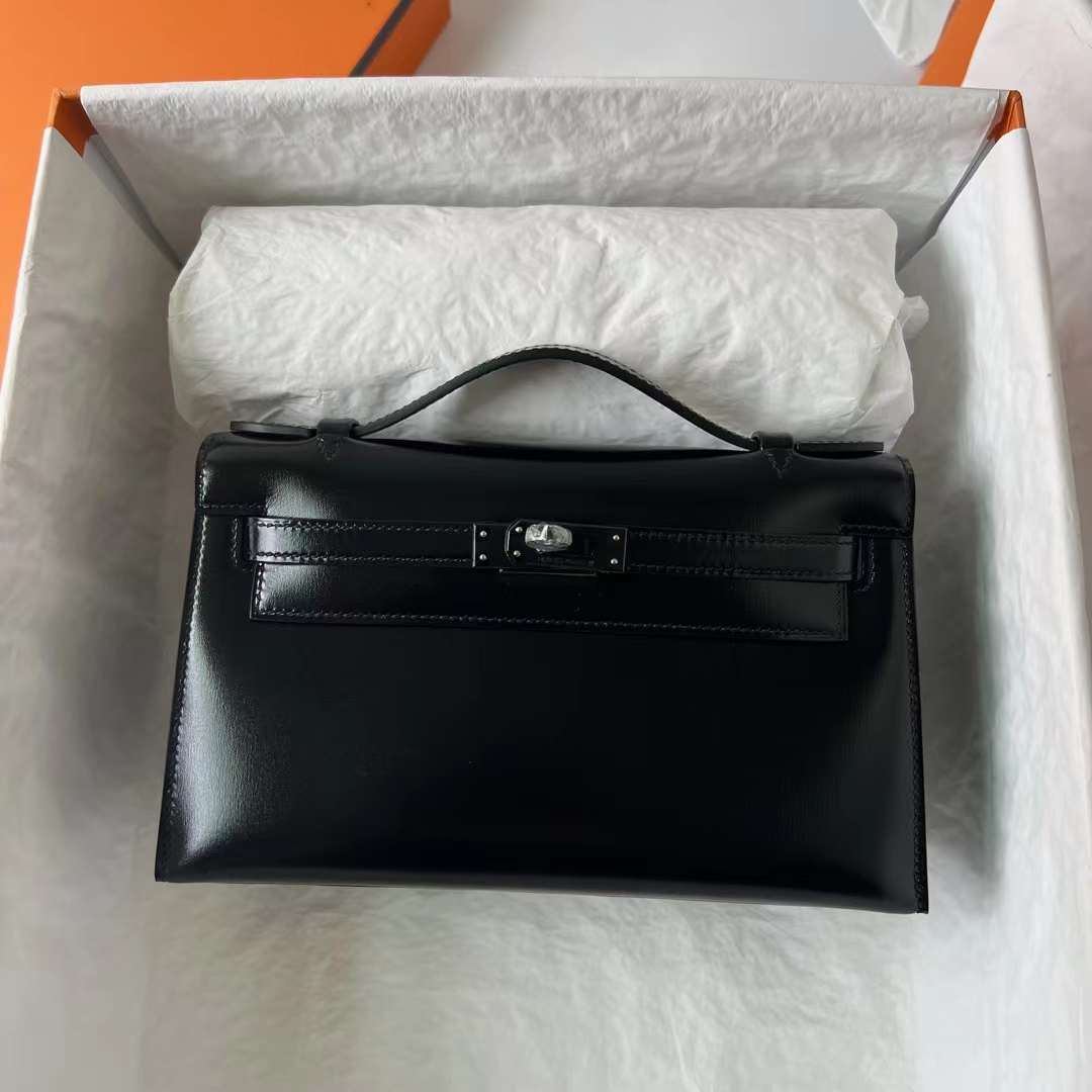 Hermès（爱马仕）Mini Kelly Pochette Boxcalf Ck89 黑色 22cm 全手工蜡线缝 黑扣