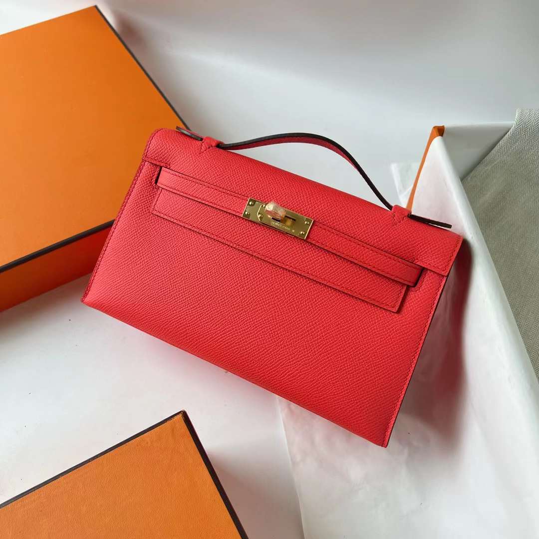 Hermès（爱马仕）Mini Kelly Pochette Epsom T5 蜜桃粉 金扣 22cm 全手工蜡线缝 Ghw