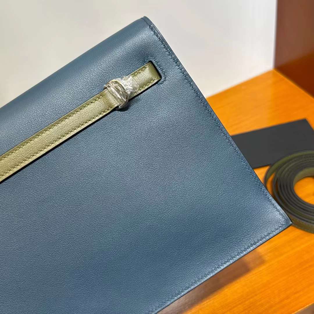 Hermès（爱马仕）Kelly danse 跳舞包 Evercolor S4 深邃蓝 & V6 丛林绿 & 8F 锡器灰 银扣 22cm 全手工蜡线缝 Phw