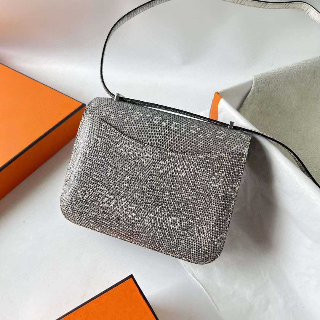 Hermès（爱马仕）Constance 空姐包 Lizard 进口蜥蜴皮 01 自然色 银扣 18cm 全手工蜡线缝 Phw