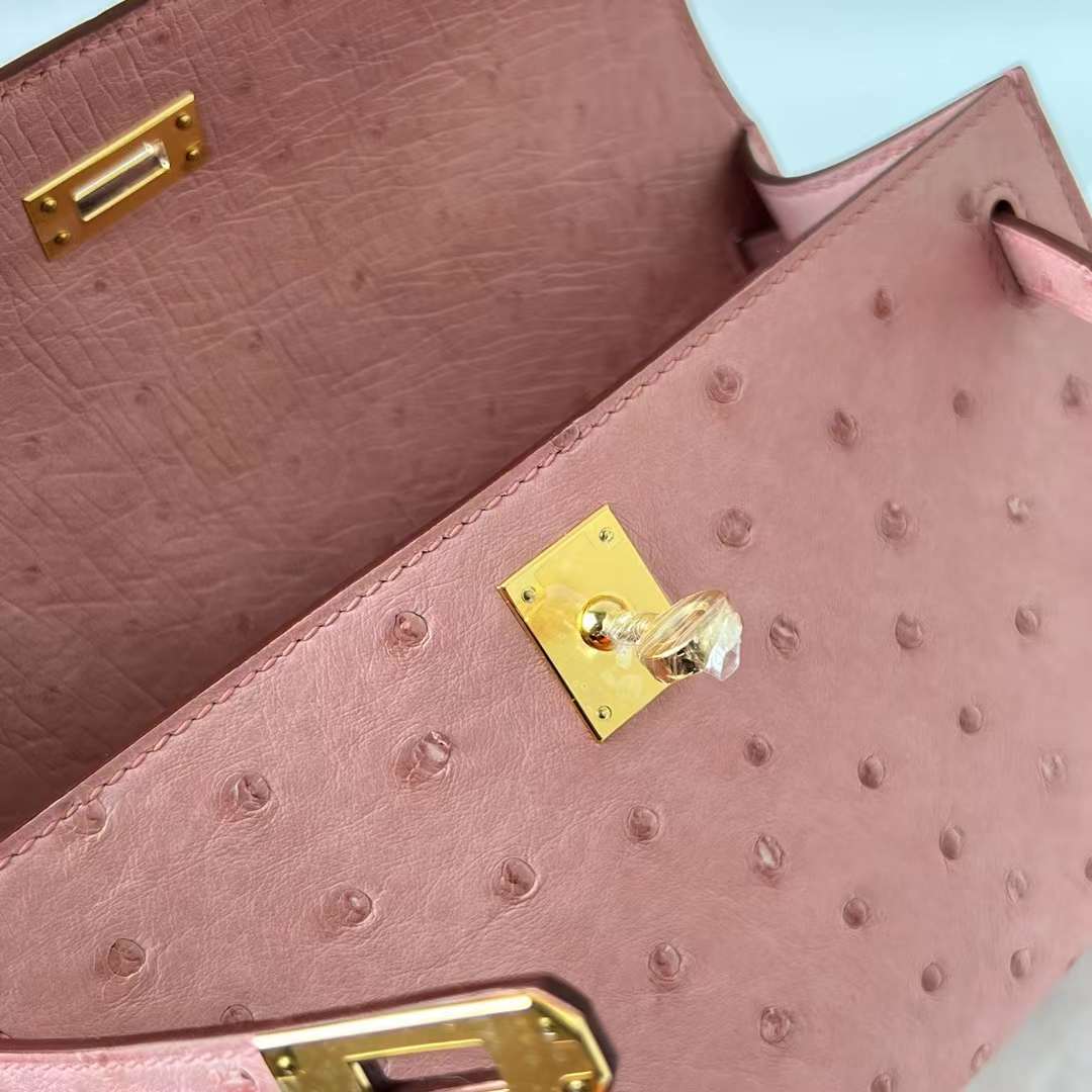 Hermès（爱马仕）Mini Kelly Pochette Ostrich 进口鸵鸟皮 CC94 陶瓷粉 金扣 22cm 全手工蜡线缝 Ghw