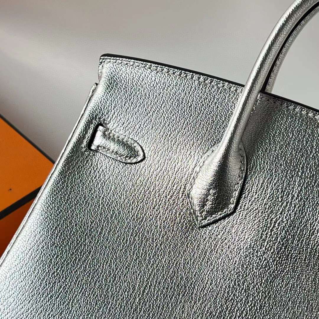 Hermès（爱马仕）Birkin 铂金包 Chevre 进口山羊皮 01 银色 内拼 ck89 黑色 银扣 25cm 全手工蜡线缝 Phw