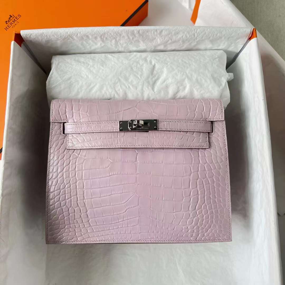 Hermès（爱马仕）Kelly danse 跳舞包 雾面美洲鳄鱼皮 09 梦幻粉紫 银扣 22cm 全手工蜡线缝 Phw