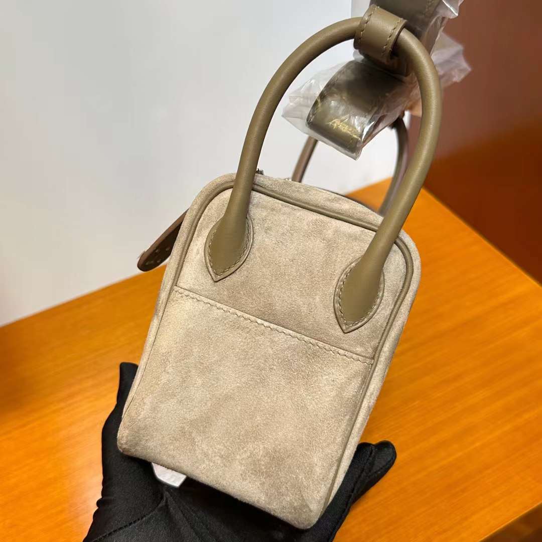 Hermès（爱马仕）Mini Lindy 迷你琳迪包 Suede & Swift 砾石灰 & 大象灰 银扣 19cm 全手工蜡线缝 Phw