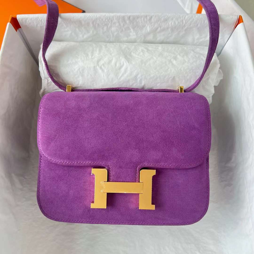 Hermès（爱马仕）Constance 空姐包 麂皮 Suede 紫罗兰 金扣 19cm 全手工蜡线缝 Ghw