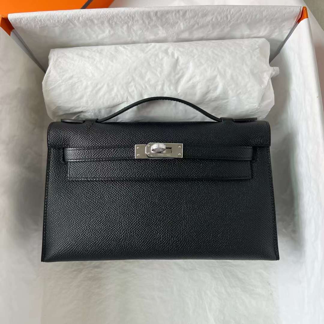 Hermès（爱马仕）Mini Kelly Pochette Epsom Ck89 黑色 银扣 22cm 全手工蜡线缝 Phw