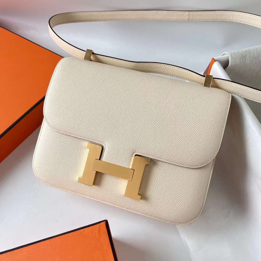 Hermès（爱马仕） Constance 空姐包 1-24cm Epsom I2 奶油白 金扣 24cm 全手工蜡线缝 Ghw