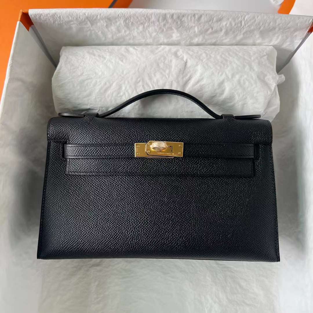 Hermès（爱马仕）Mini Kelly Pochette Epsom Ck89 黑色 金扣 22cm 全手工蜡线缝 Ghw