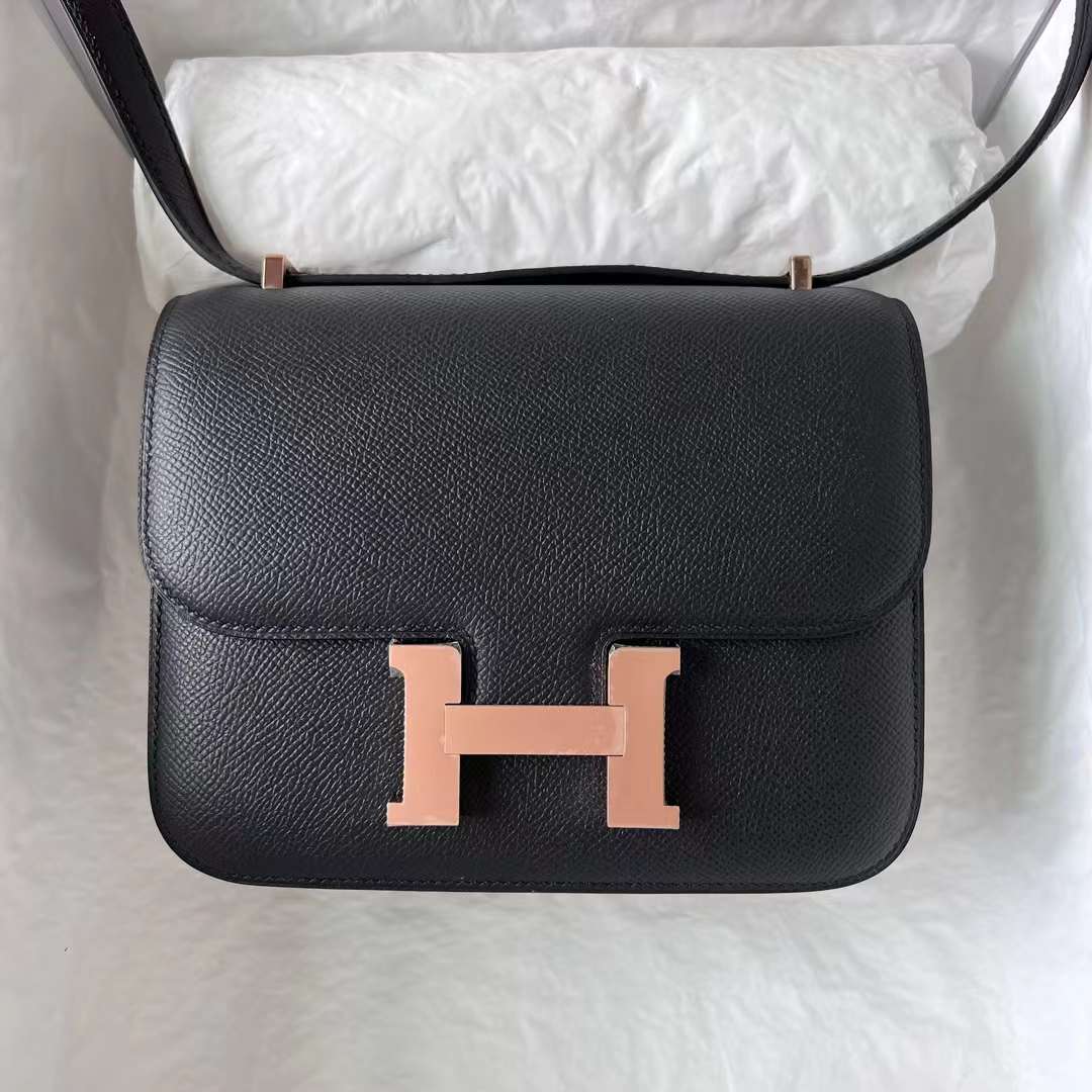 Hermès（爱马仕）Constance 空姐包 1-19 Epsom 镜子款 ck89 黑色 玫瑰金扣 19cm 全手工蜡线缝 RGhw
