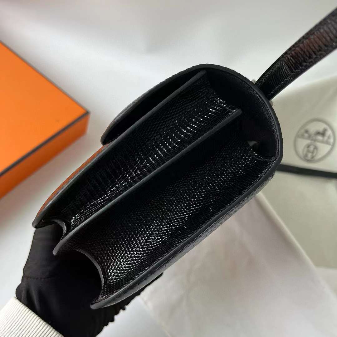 Hermès（爱马仕）Constance 空姐包 Lizard 进口蜥蜴皮 Ck89 黑色 银扣 18cm 全手工蜡线缝 Phw