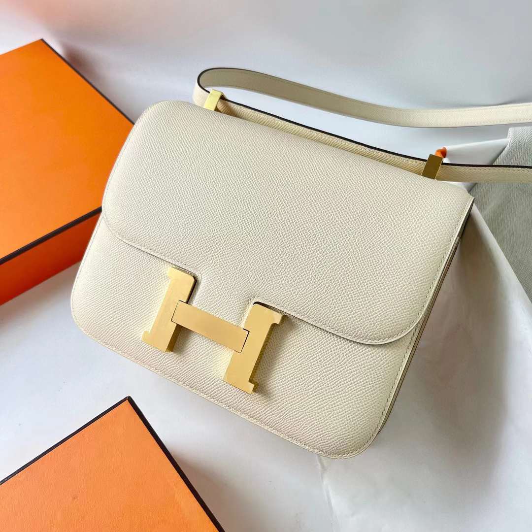 Hermès（爱马仕）Constance 空姐包 Epsom Ck10 奶昔白 Craie 金扣 24cm 全手工蜡线缝 Ghw