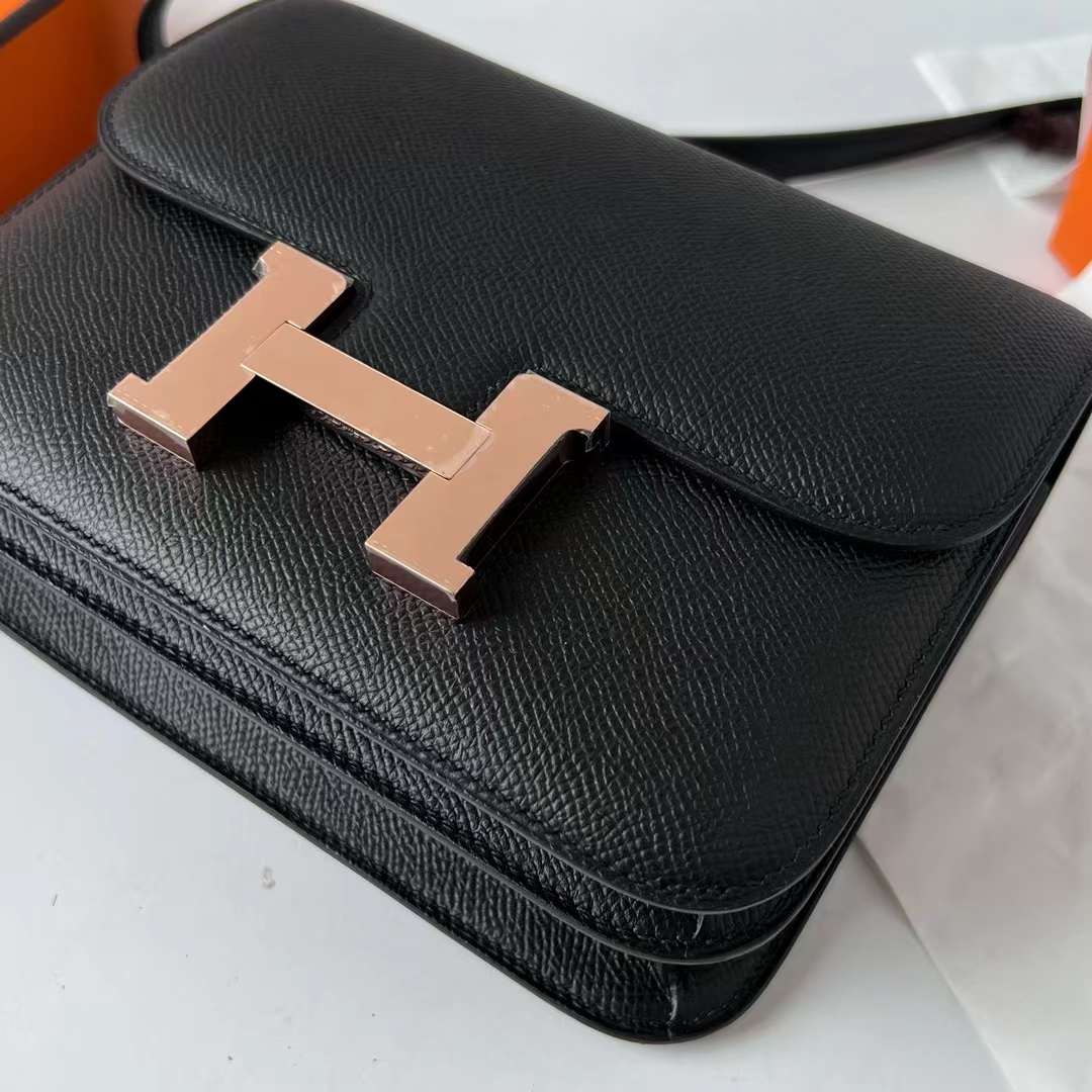 Hermès（爱马仕）Constance 空姐包 1-19 Epsom 镜子款 ck89 黑色 玫瑰金扣 19cm 全手工蜡线缝 RGhw