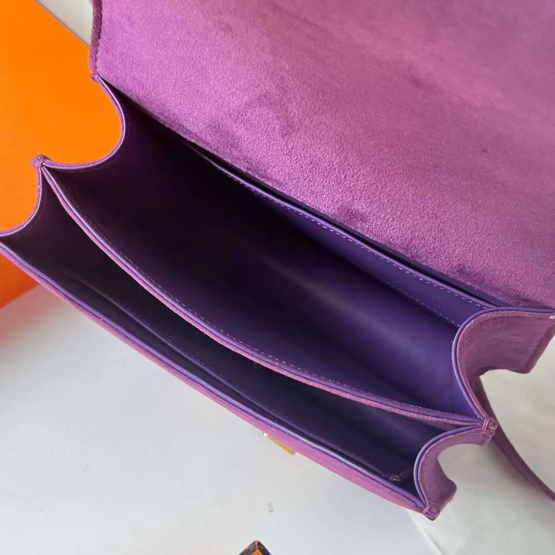 Hermès（爱马仕）Constance 空姐包 麂皮 Suede 紫罗兰 金扣 19cm 全手工蜡线缝 Ghw