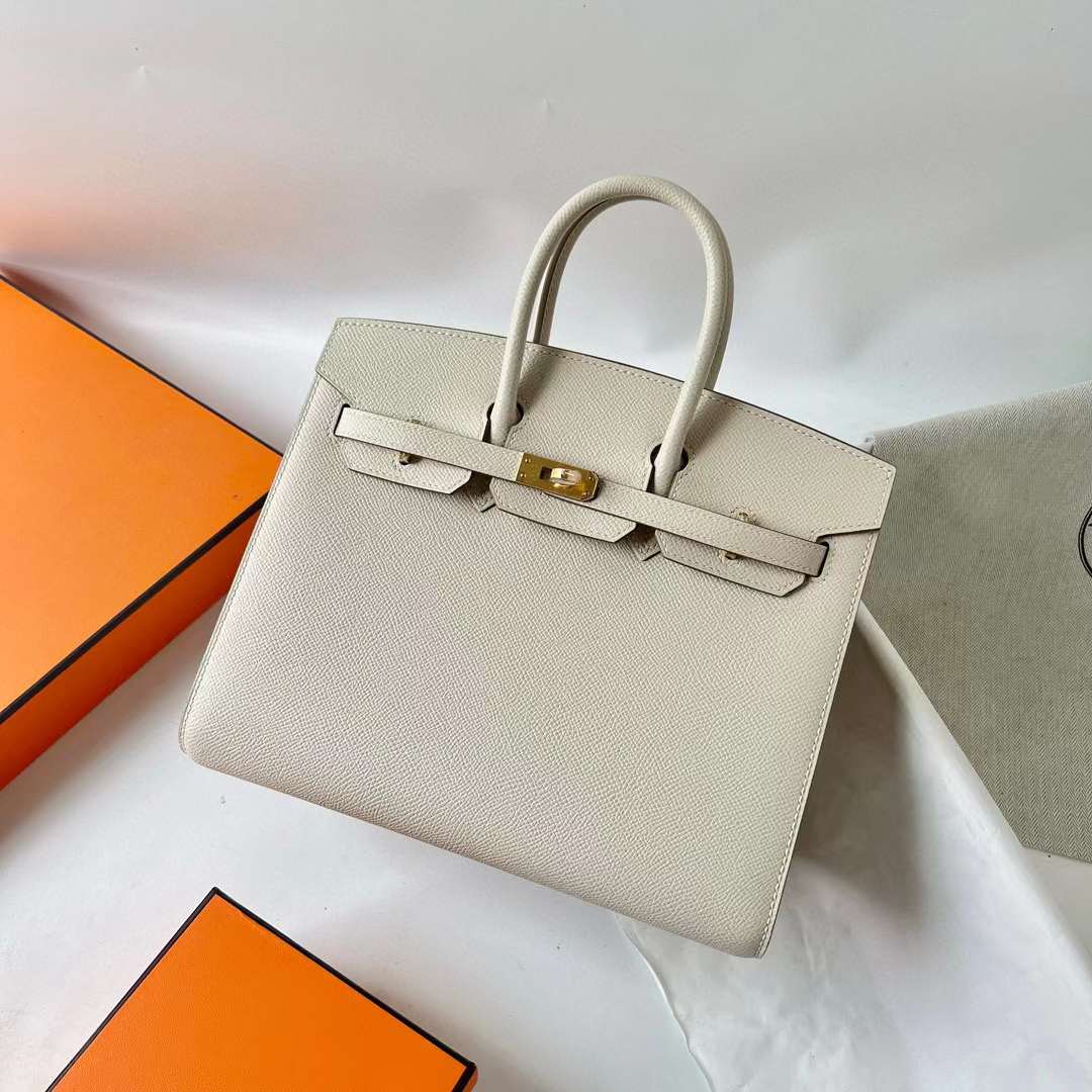 Hermès（爱马仕）Birkin 铂金包 Sellier Epsom Ck10 奶昔白 金扣 25cm 全手工蜡线缝 Ghw