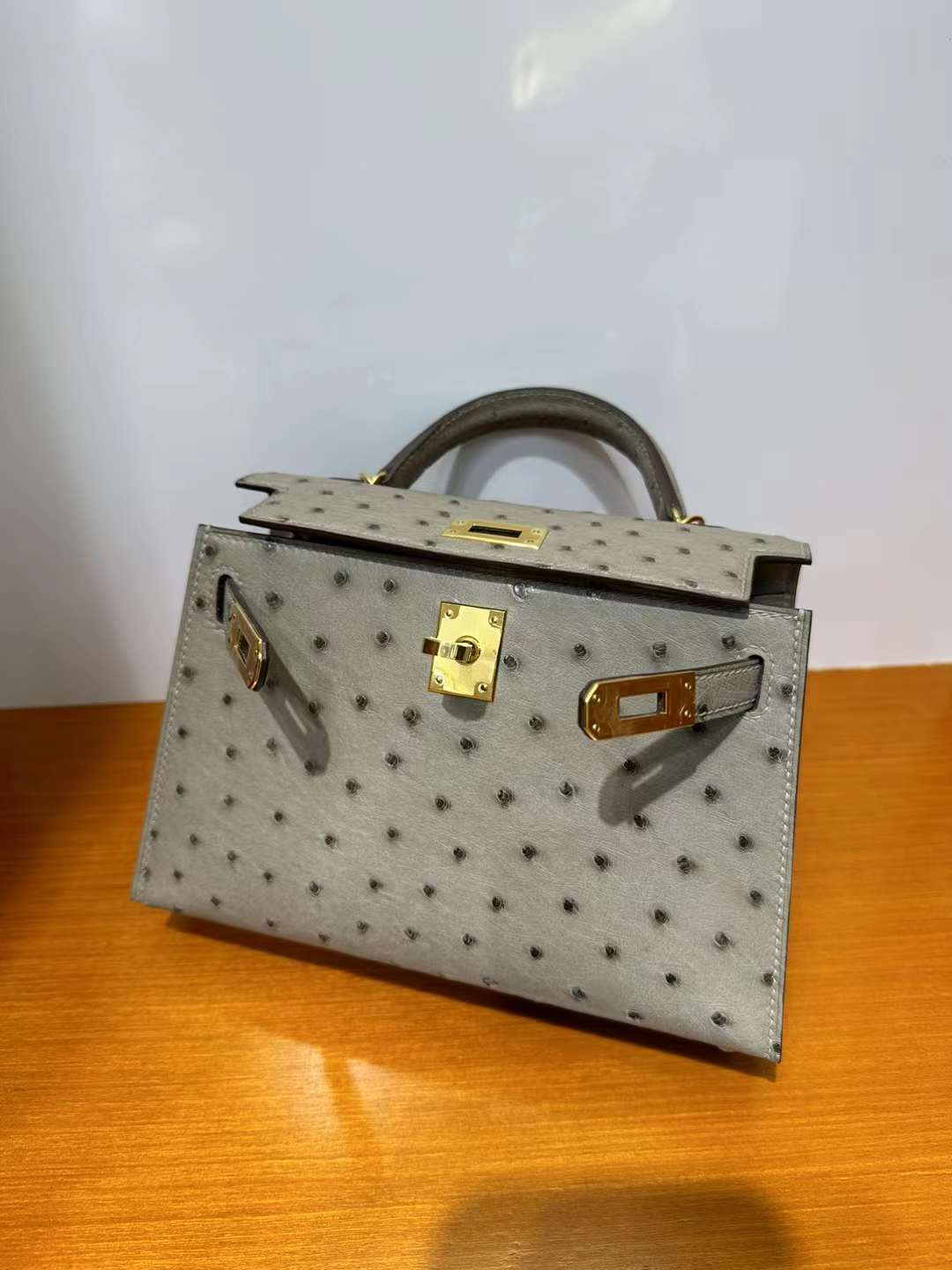 Hermès（爱马仕）Mini Kelly 迷你凯莉 Ostrich 进口kk鸵鸟皮 Ck81 斑鸠灰 金扣 19cm 全手工蜡线缝 Ghw
