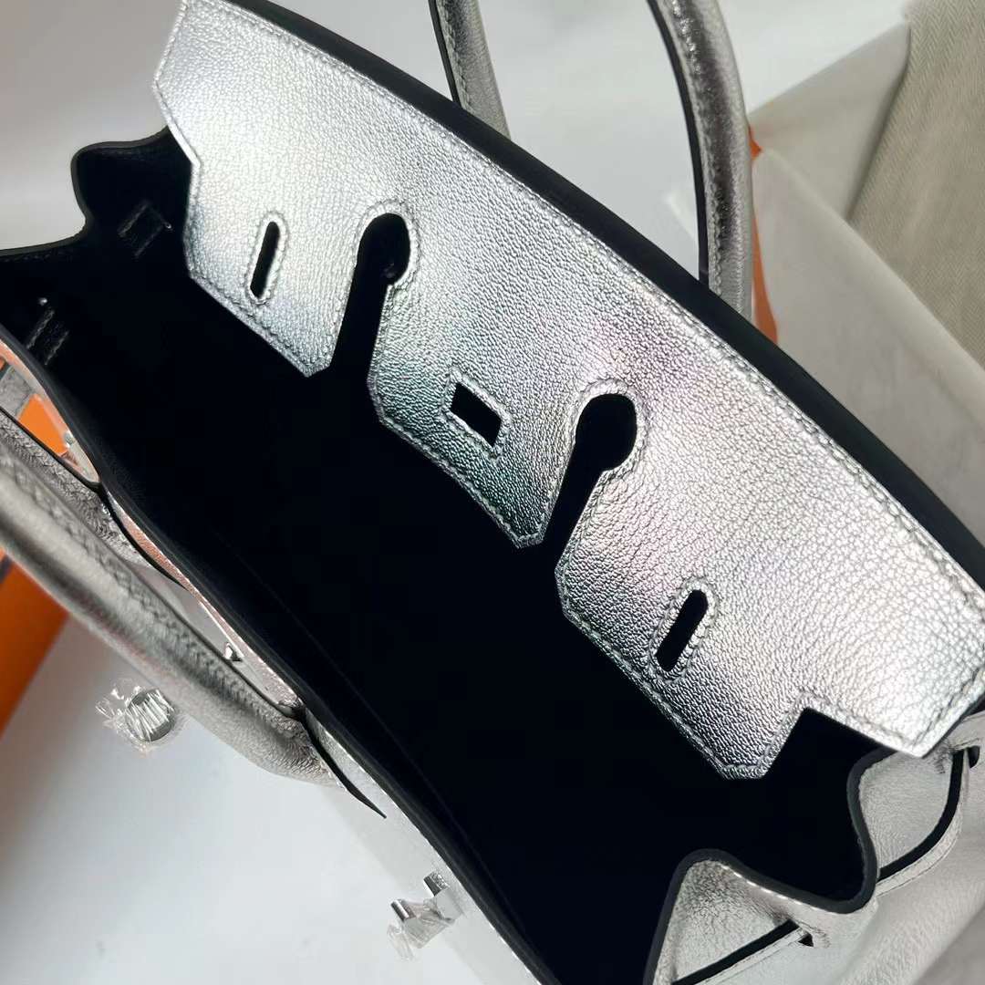 Hermès（爱马仕）Birkin 铂金包 Chevre 进口山羊皮 01 银色 内拼 ck89 黑色 银扣 25cm 全手工蜡线缝 Phw