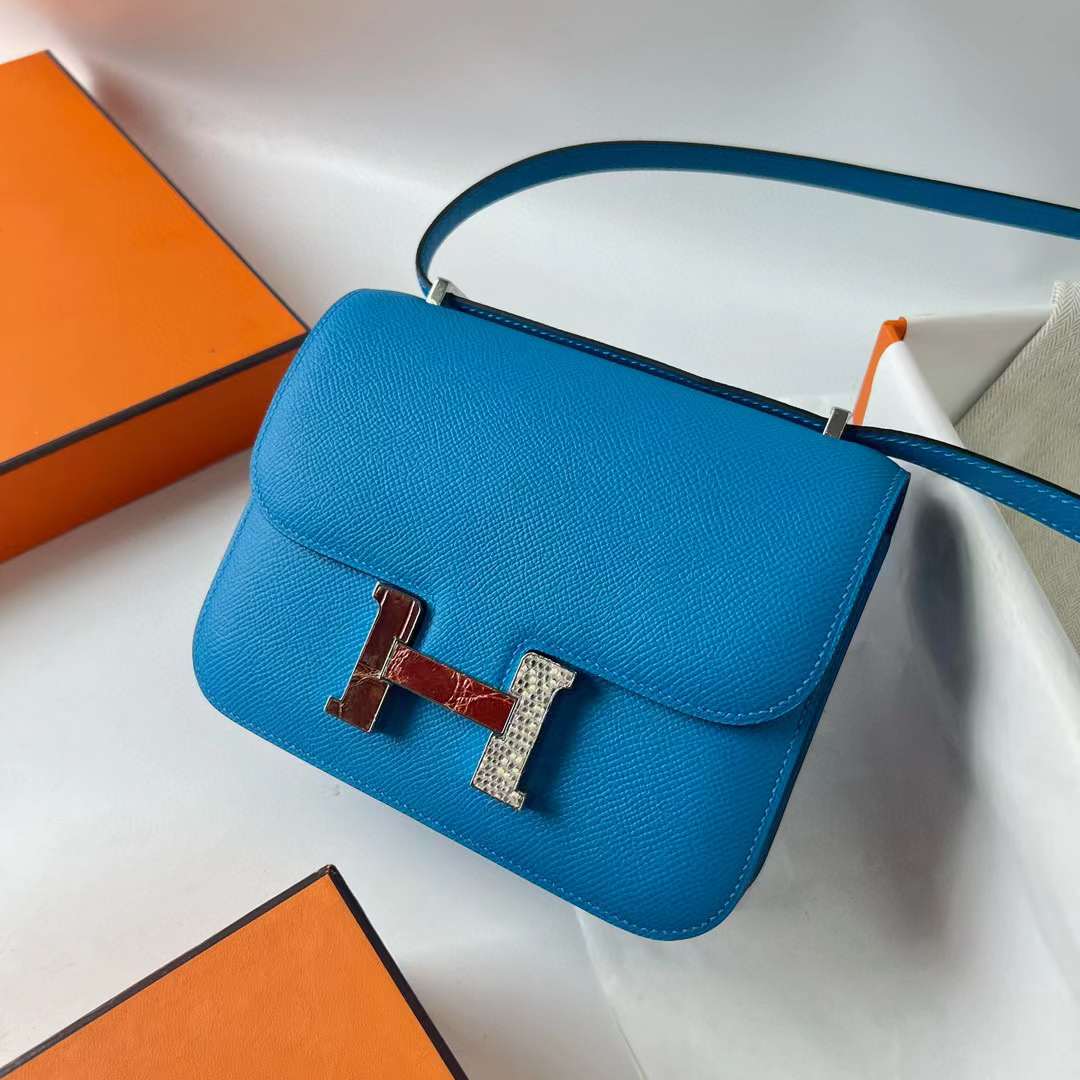 Hermès（爱马仕）Constance 空姐包 Epsom Ck71 法国蓝 蜥蜴鳄鱼扣 19cm 全手工蜡线缝 Phw
