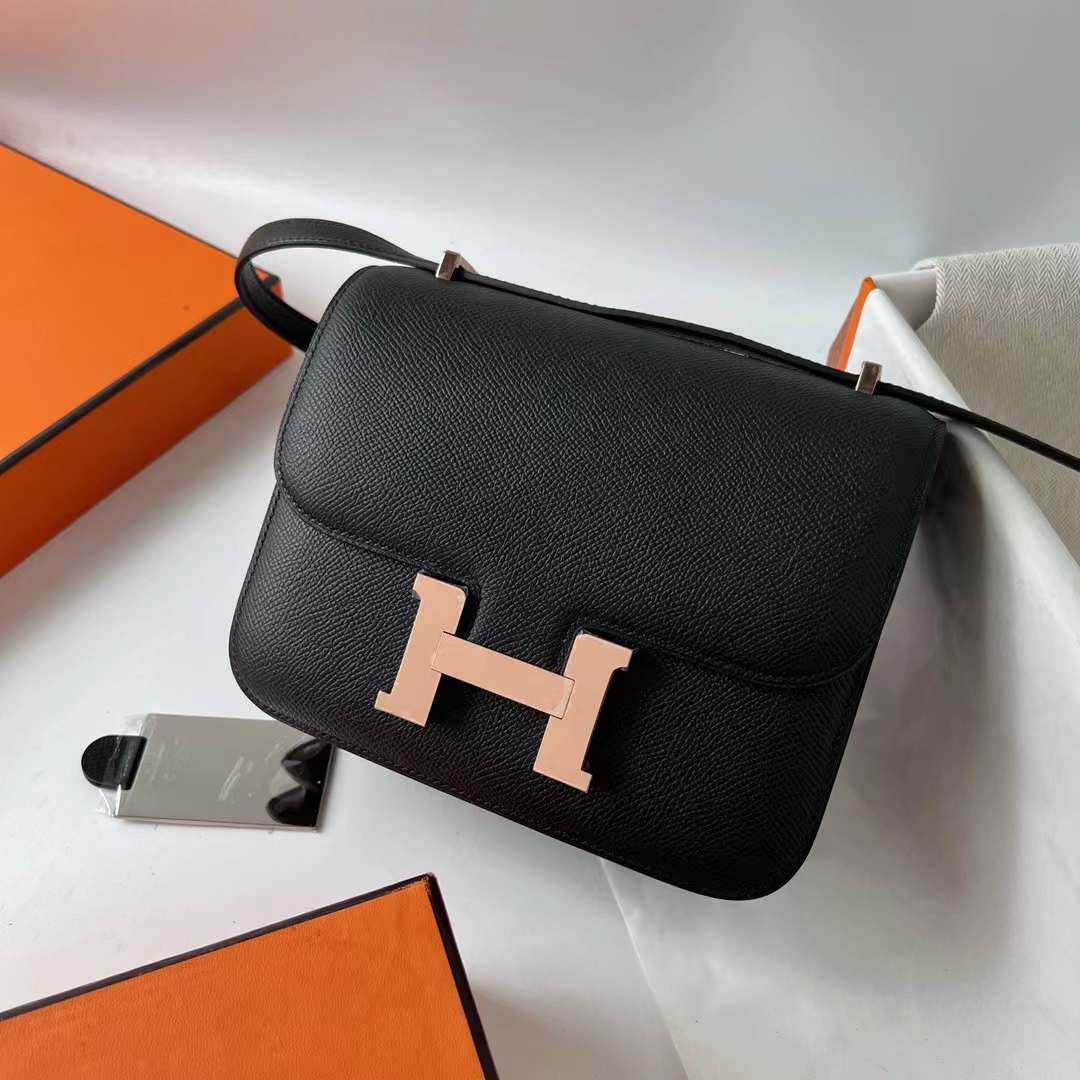 Hermès（爱马仕）Constance 空姐包 1-19 Epsom 镜子款 ck89 黑色 玫瑰金扣 19cm 全手工蜡线缝 RGhw