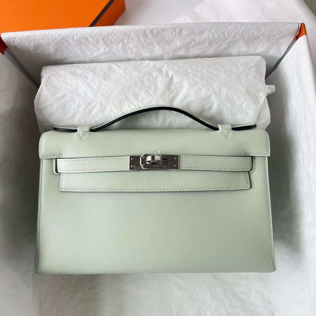 Hermès（爱马仕）Mini Kelly Pochette Swift 0S 气泡绿 银扣 22cm 全手工蜡线缝 Phw