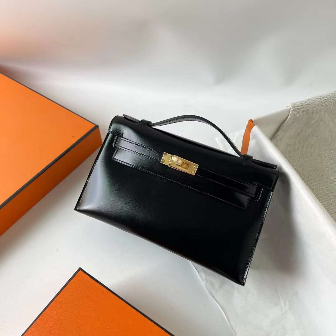 Hermès（爱马仕）Mini Kelly Pochette Boxcalf Ck89 黑色 金扣 22cm 全手工蜡线缝