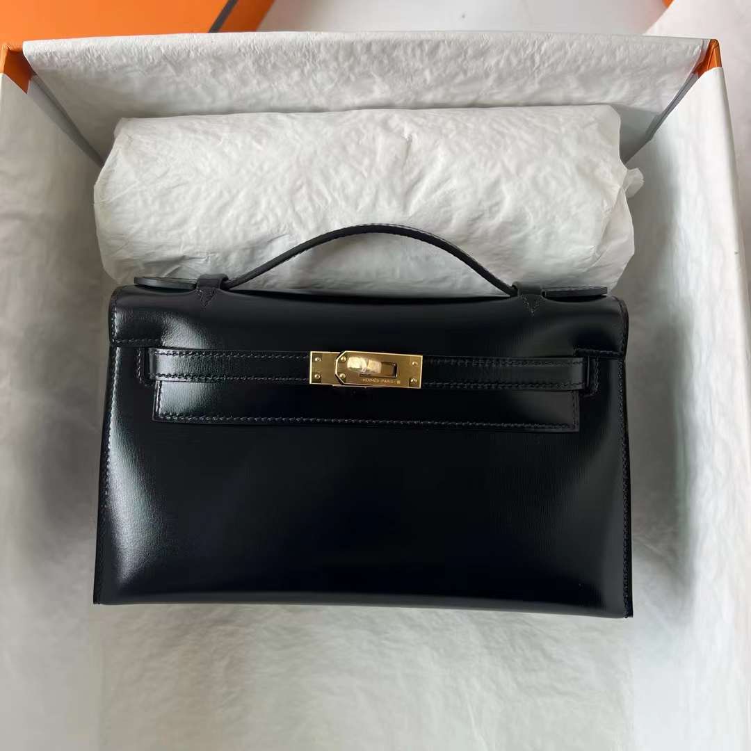 Hermès（爱马仕）Mini Kelly Pochette Boxcalf Ck89 黑色 金扣 22cm 全手工蜡线缝